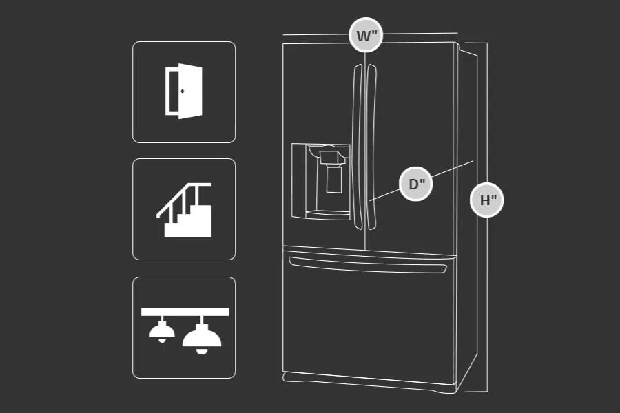 Refrigerator appliance depicting width height and depth measurements