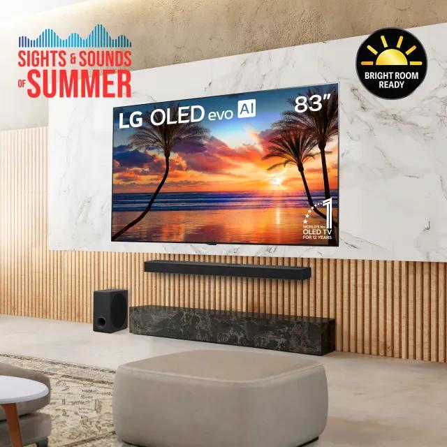 “Sights and sounds of summer” title badge. LG soundbar below a large TV in a bright living room. “Bright Room Ready” badge.