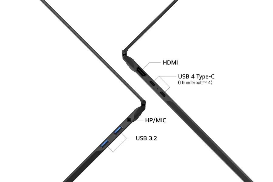 LG Gram 16T95TP-K.AD89U1 laptop connectivity ports diagram showing HDMI, USB 4 Type-C Thunderbolt 4, HP/MIC, and USB 3.2 ports