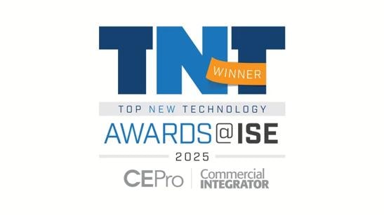 Top New Technology Awards 2025 Winner Logo."

Transcribed Text:

TNT WINNER TOP NEW TECHNOLOGY AWARDS @ ISE 2025 CEPro Commercial INTEGRATOR