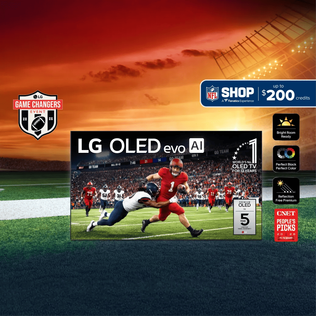 LG "Game Changers Event" promo: an LG OLED evo AI TV displaying a football game (a runner being tackled), set against a stadium sunset with a football field in the foreground. Badges highlight "World's No.1 OLED TV for 13 Years," a 5-year panel warranty, "Bright Room Ready," "Perfect Black Perfect Color," "Reflection Free Premium," and "CNET People's Picks 2026 #1 TV Brand." A banner offers "NFL Shop, a Fanatics Experience — up to $200 credits."