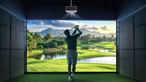 A golfer swinging in a golf clubhouse with a screen displayed using an LG projector.