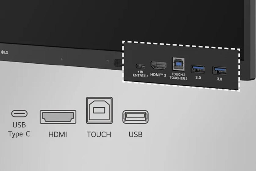Close-up of LG monitor input ports with USB Type-C, HDMI, and USB options.