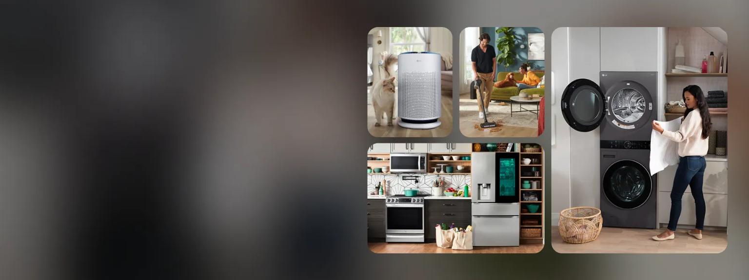 Three scenes are displayed in collage form. A cat inspects an LG Air Purifier. Groceries bags in front of an LG refrigerator, range and microwave. A woman removes a towel from an LG WashTower. 