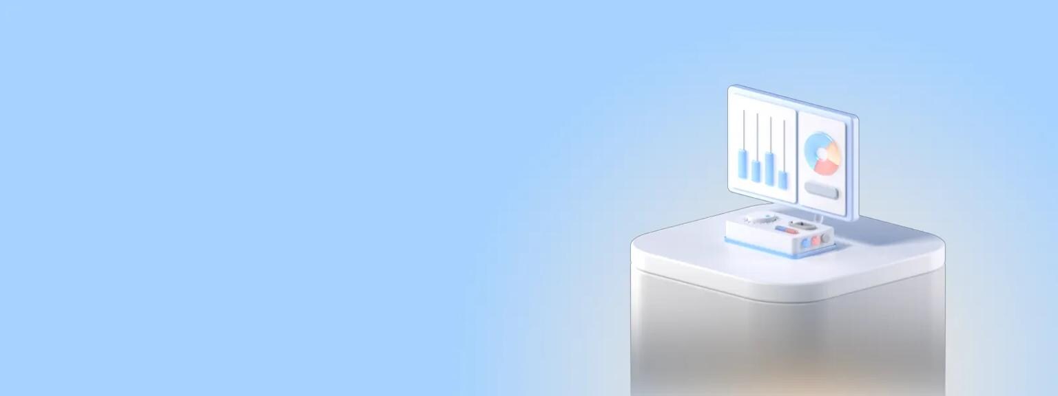 3D illustration of a tech console with bar graphs and a pie chart on a blue background.