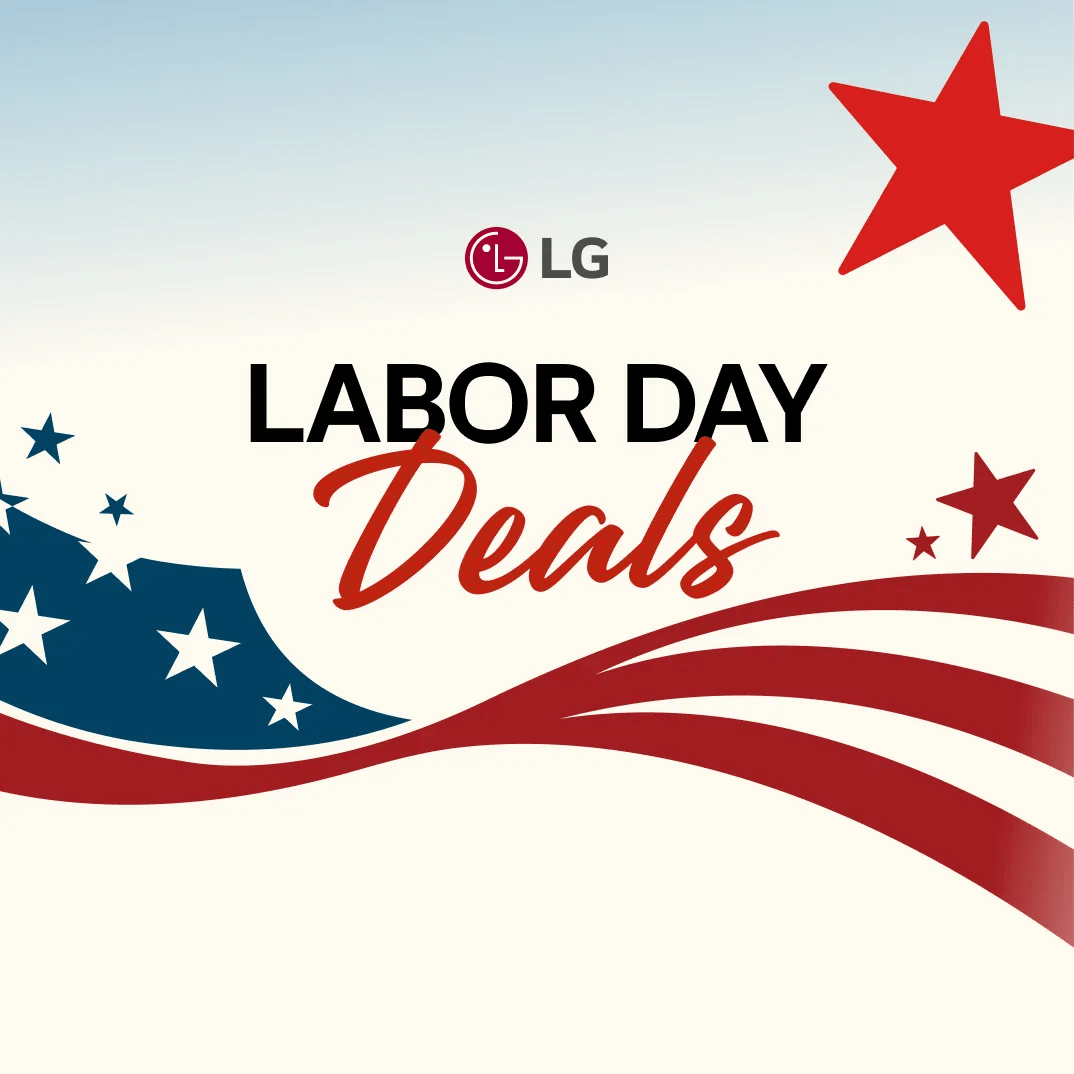 LG Labor Day Deals promotional graphic with American flag illustration and stars