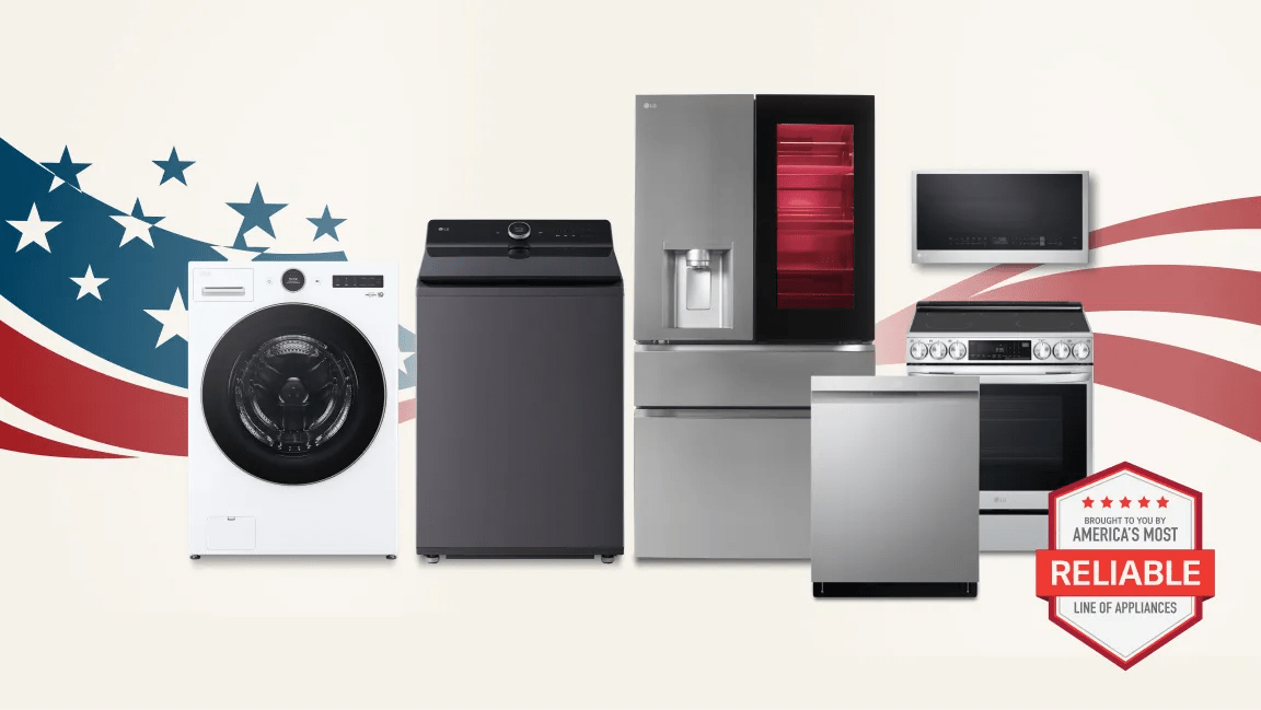 A group of LG home appliances on a stars and stripes background. “America’s Most Reliable Line of Home Appliances” badge. 