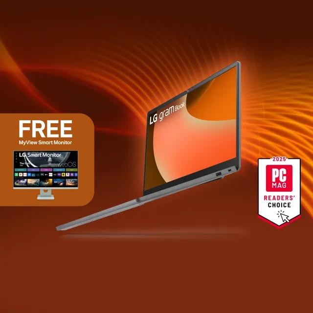 LG gram Book on orange background. Pop-out with smart monitor and text “FREE smart monitor. “2025 PC Mag Readers’ Choice” badge. 