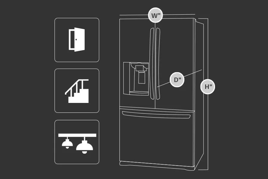 Refrigerator appliance depicting width height and depth measurements