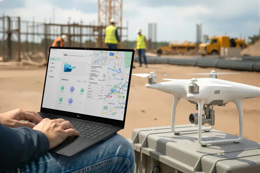 LG Gram 17Z90U-H laptop displaying mapping software at construction site with drone ready for deployment and workers in background
