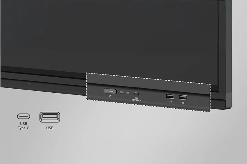 Close-up of GreateBoard ports: power button, USB Type-C, and two USB 3.0 ports.