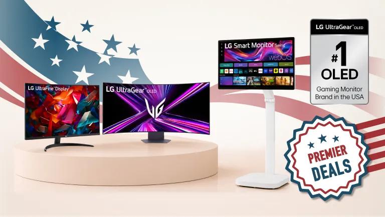 A group of LG monitors on a stars and stripes background. “Premier Deals” badge. “LG UltraGear OLED: #1 OLED Gaming Monitor Brand in the USA” badge.
