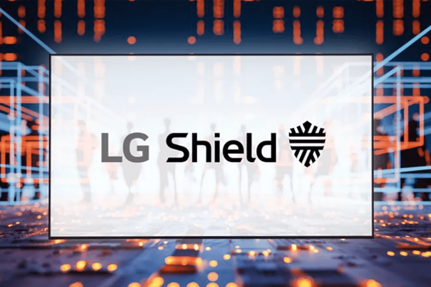 "LG Shield text with a stylized shield icon over a digital grid background."