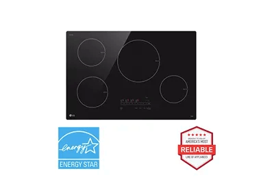 A top-down image of an LG CBIH3013BE induction cooktop next to a red 'Brought to you by American's Most Reliable Line of Appliances' badge and a blue 'ENERGY STAR® certified' badge.
