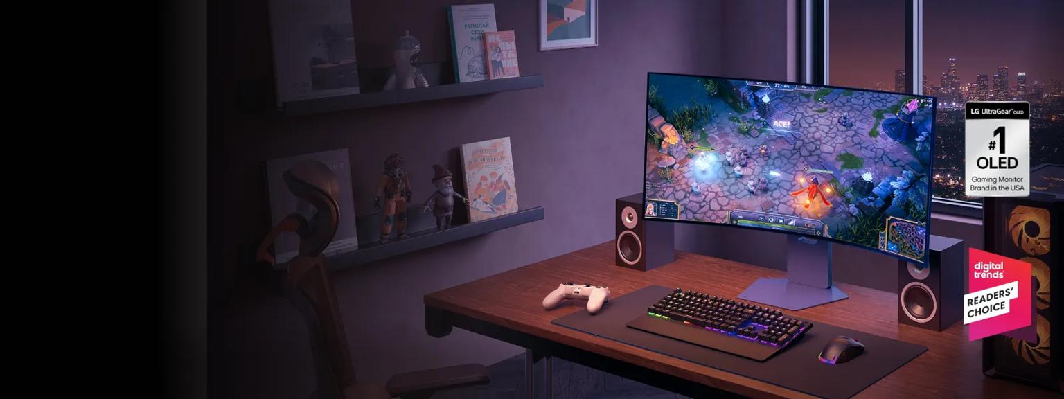“Spring Savings” title badge. An LG Monitor displays a vivid gaming scene on a neat desktop. “#1 OLED Gaming Monitor Brand in the USA” “Digital Trends Readers’ Choice” badge.