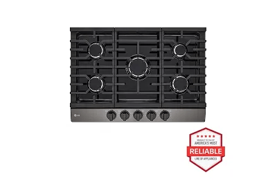 A top-down image of an LG CBGJ3623D gas cooktop next to a red 'Brought to you by American's Most Reliable Line of Appliances' badge and a blue 'ENERGY STAR® certified' badge.