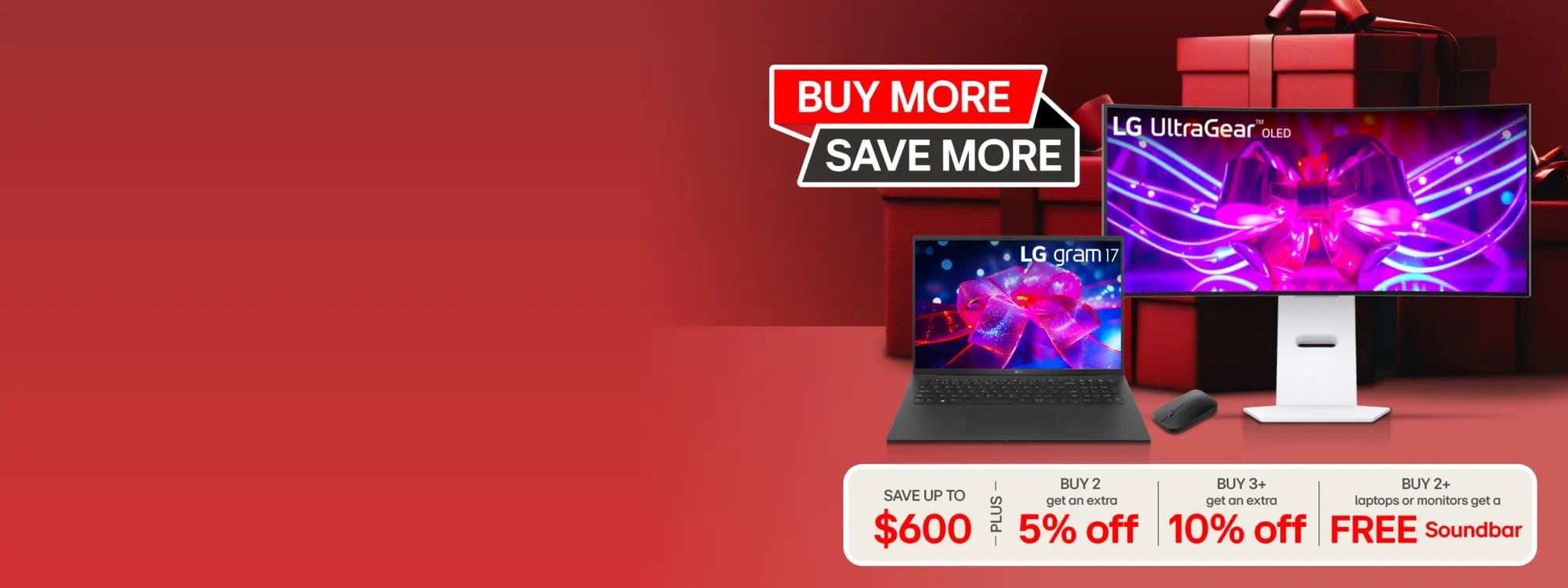 Buy More, Save More badge. An LG gram laptop and UltraGear OLED monitor appear in front of a red background with and gift box graphic. Free soundbar badge appears below items.