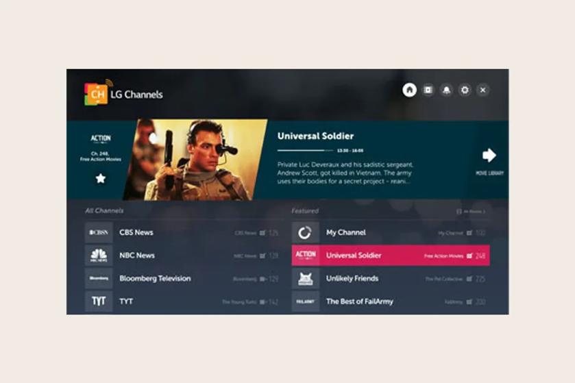 Digital interface of LG Channels displaying "Universal Soldier" movie information and channel listings.