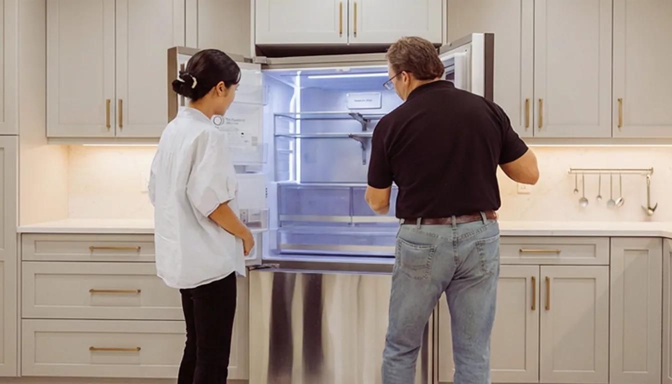 An LG service technician standing in a modern kitchen while showing a female customer the interior storage and shelving of a large open LG refrigerator.