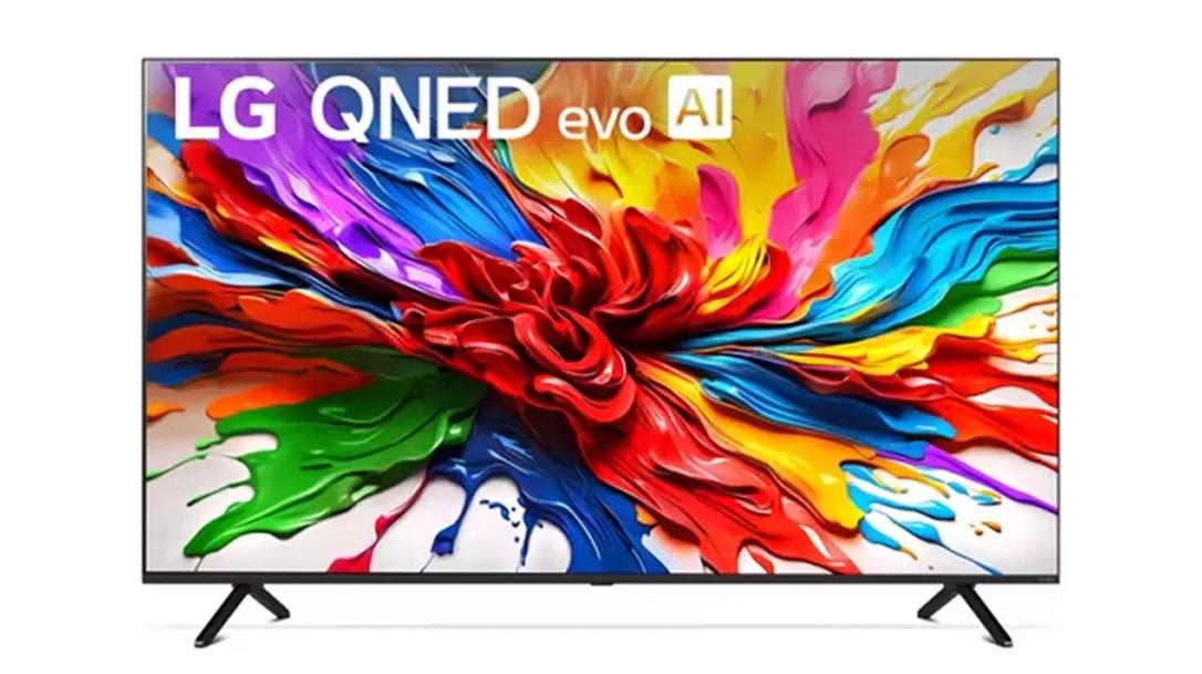 A front-facing image of an LG QNED evo 92A showing a multicolored splash of paint on the screen.
