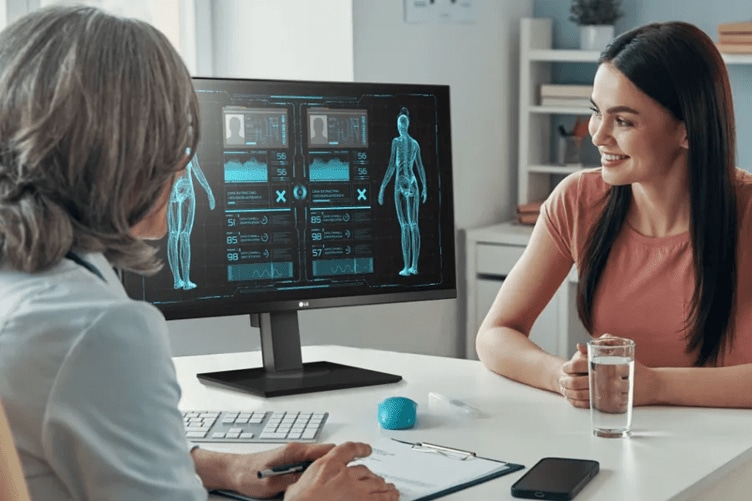 A doctor sits facing slightly away from the viewer at a desk. A patient across from the desk is facing towards the viewer. Both are smiling and looking at an LG medical monitor with medical readouts displayed on the screen.