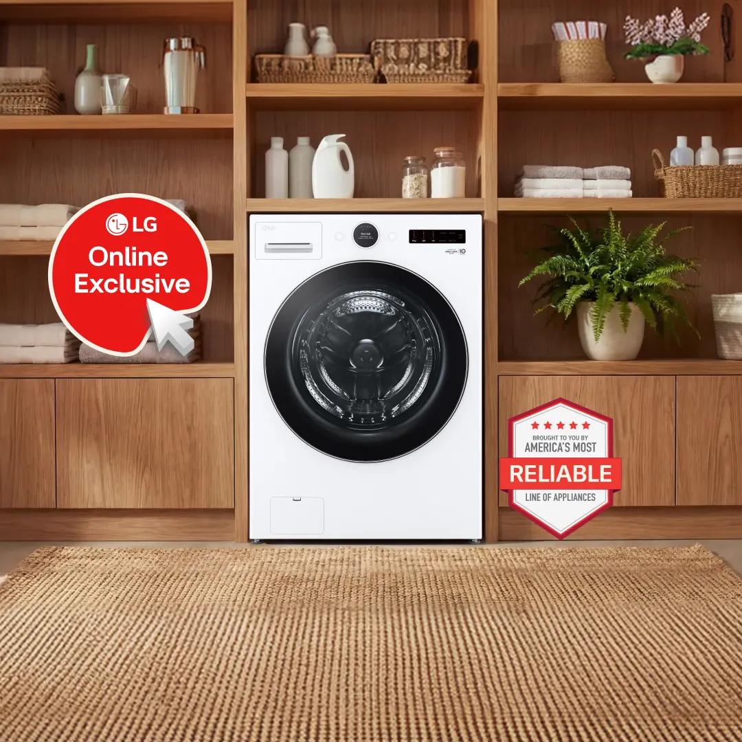 White LG front-load washer built into wooden shelving stocked with towels, detergent, and plants, with a woven jute rug in front. An "LG Online Exclusive" badge appears on the left, with an "America's Most Reliable Line of Appliances" badge on the right.