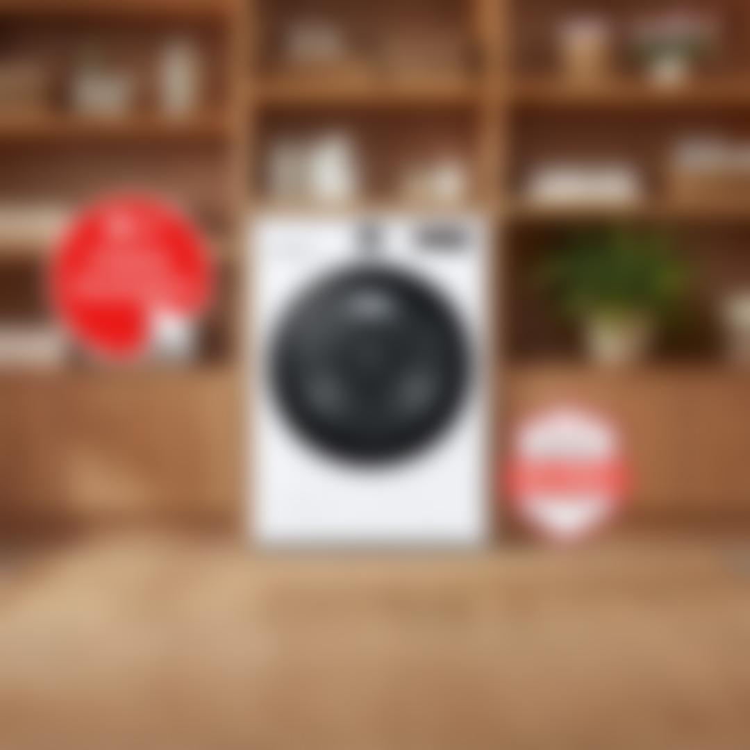White LG front-load washer built into wooden shelving stocked with towels, detergent, and plants, with a woven jute rug in front. An "LG Online Exclusive" badge appears on the left, with an "America's Most Reliable Line of Appliances" badge on the right.