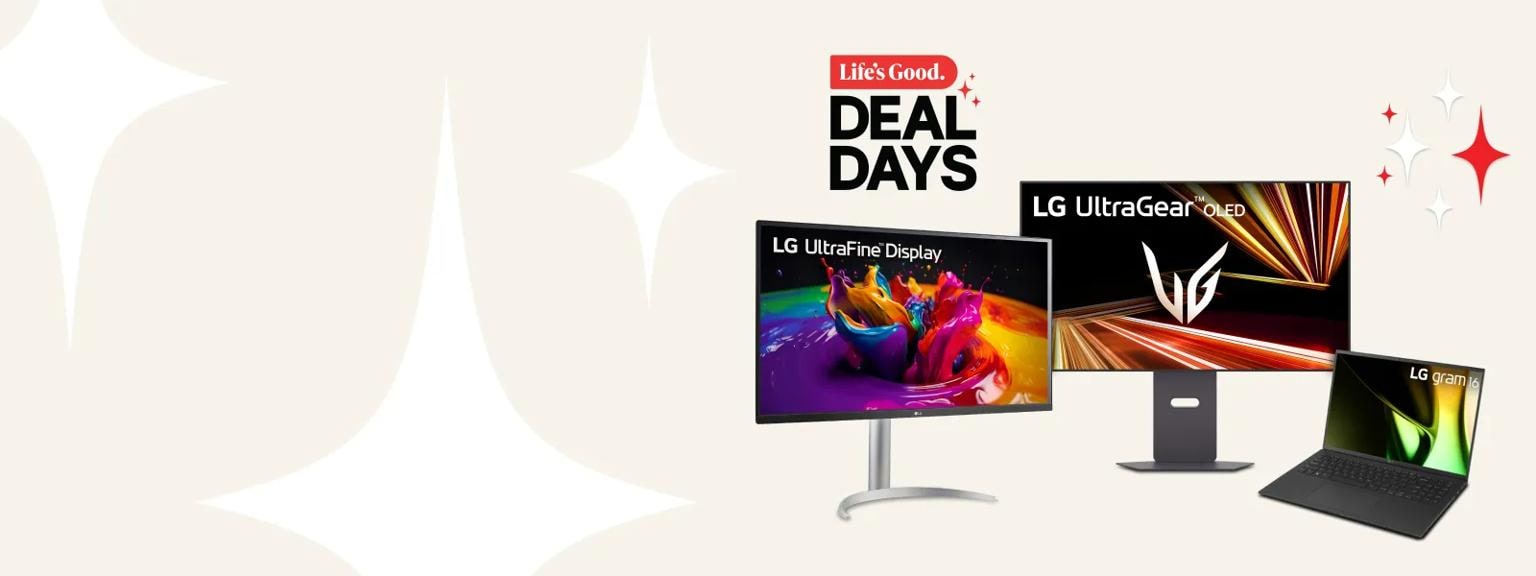 “Life’s Good Deal Days” title badge. A group of LG monitors and laptops appear on a tan background. 