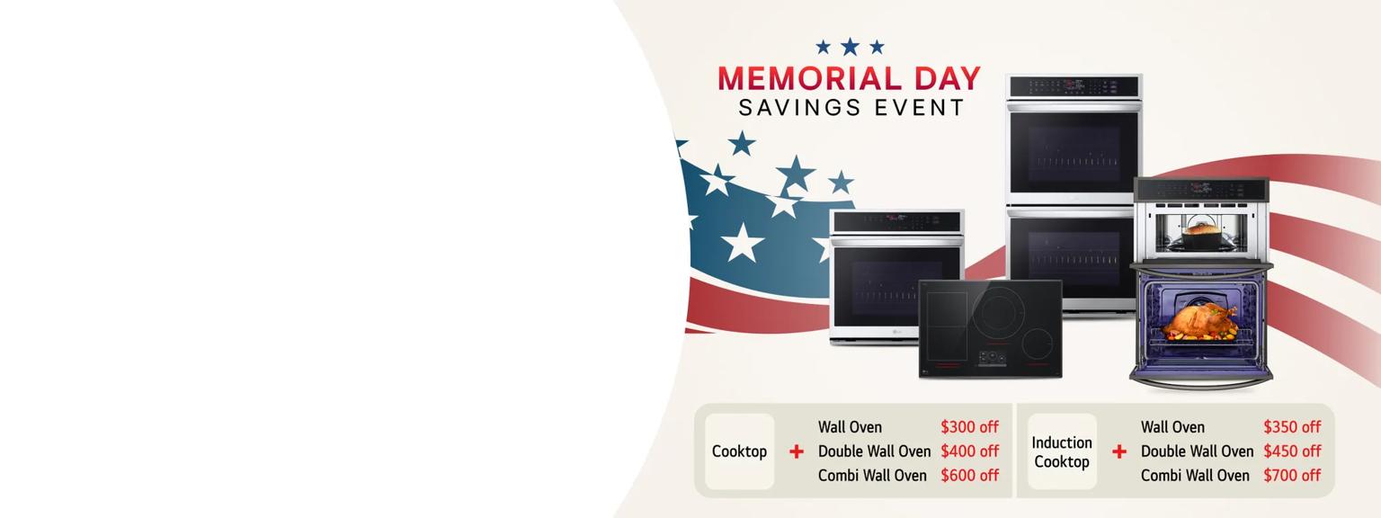 Memorial Day Savings Event" title badge. A group of cooking appliances on a stars and stripes background.