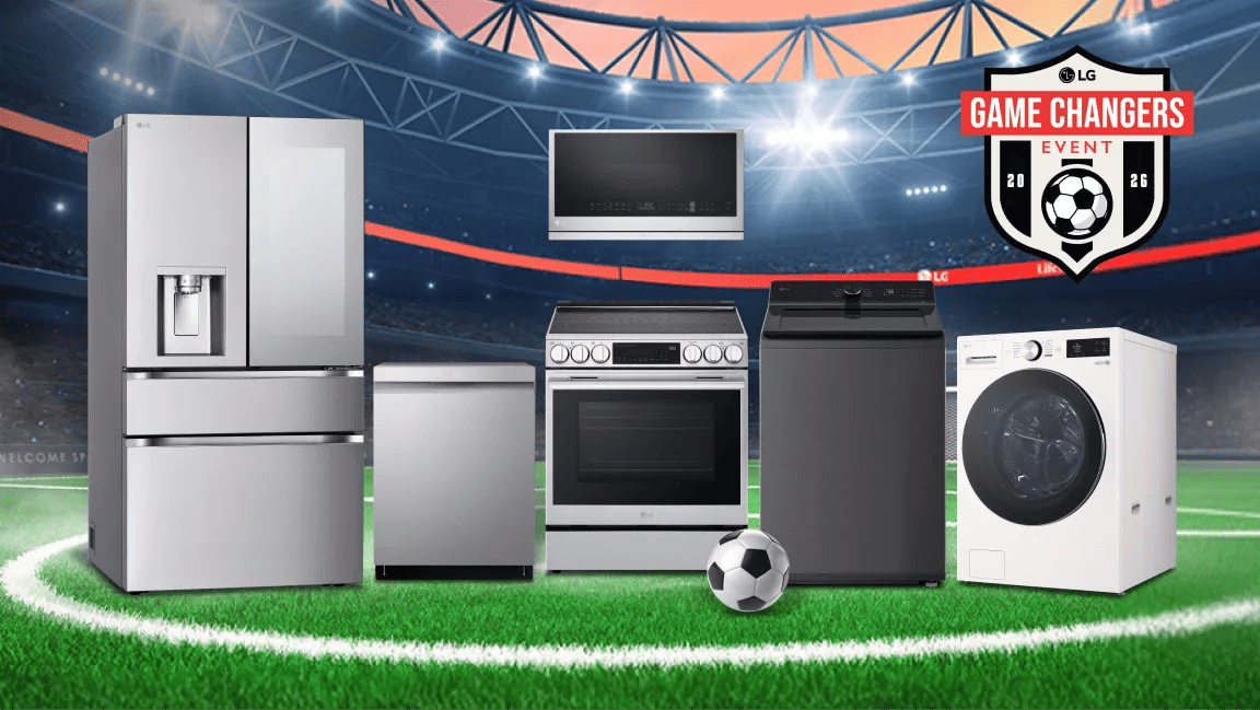 LG Game Changers Event” title badge. A group of LG home appliances appear within a soccer stadium.