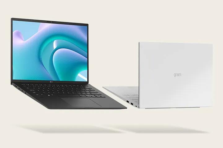 On a tan background, there are two floating lg gram laptops. The laptop on the left is black, front facing, and open with a blue and purple abstract screen. The laptop on the right is white, open, and facing with the top of the laptop showcasing the silver gram logo in the middle of the laptop.