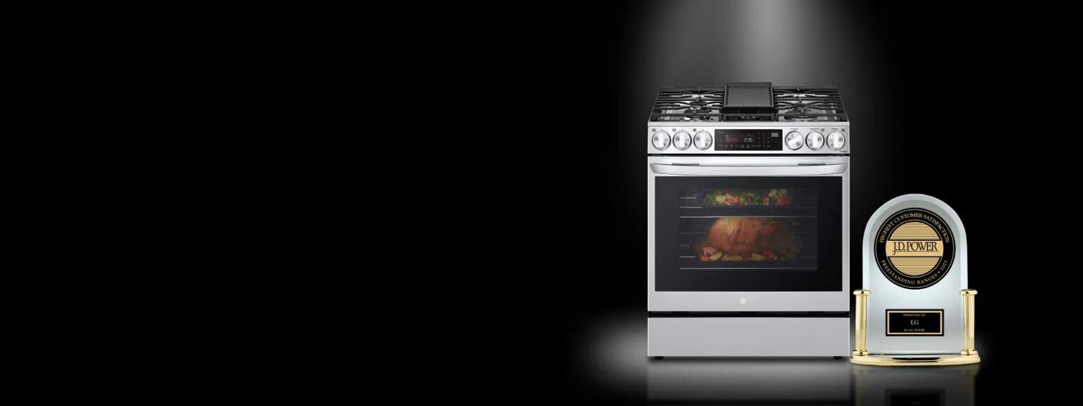 On a black background, an LG range and a JD Power trophy stand side by side.