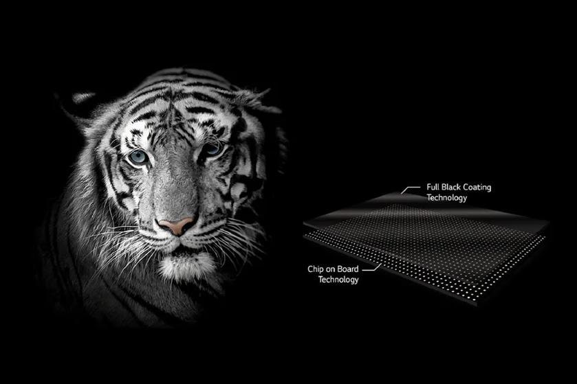 A white tiger face next to a technological component illustration with labels for "Full Black Coating Technology" and "Chip on Board Technology."