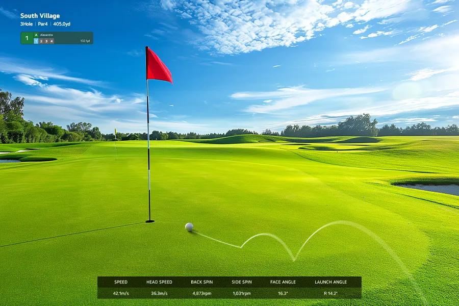 A red flag is on a sunny green golf course, with speed and spin stats displayed for a virtual golf game.