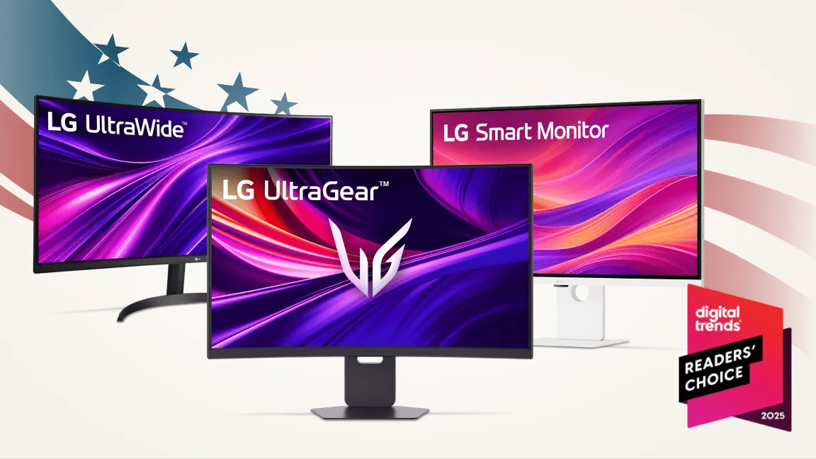 A group of LG monitors on a stars and stripes background. “digital trends” badge. 