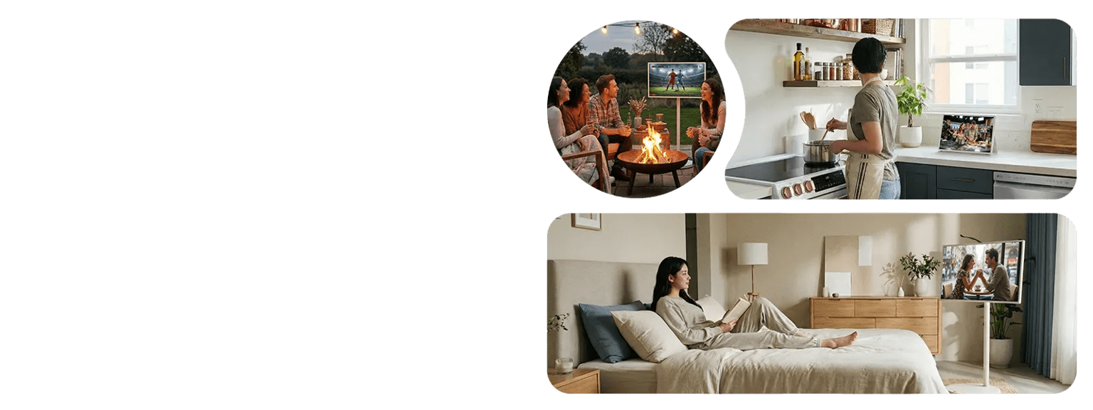 3 images featuring the LG StanbyMe 2 smart display—one in a neutral bedroom on a stand with a woman relaxing in bed, one on a counter in a neutral kitchen with blue cabinets where a woman is cooking on the stove while looking at the screen, and one on a stand outside on a patio at dusk near a fire pit with 4 friends sitting and chatting.