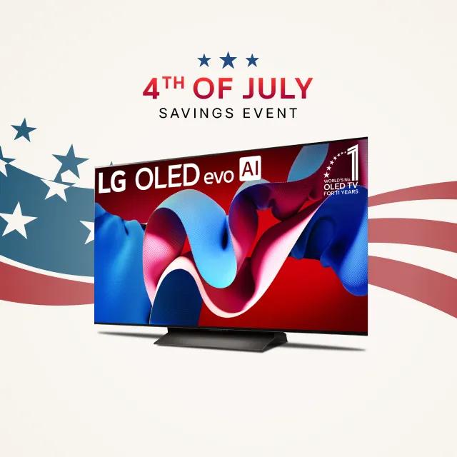 “4th of July Savings Event” title badge. An LG OLED on a stars and stripes graphic. TV infill reads “World’s No. 1 OLED TV for 12 Years”.