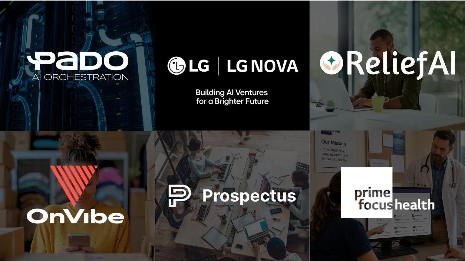 LG Nova, ‘Building AI Ventures for a Brighter Future,’ shown with five portfolio company logos: Pado AI Orchestration over a server room, ReliefAI over a man at a laptop, OnVibe over a woman holding a phone, Prospectus over a team working at a table, and Prime Focus Health over a doctor reviewing a screen.