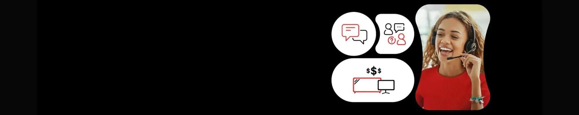 A woman LG Expert with a headset smiling, with icons for chat, support and billing beside her.