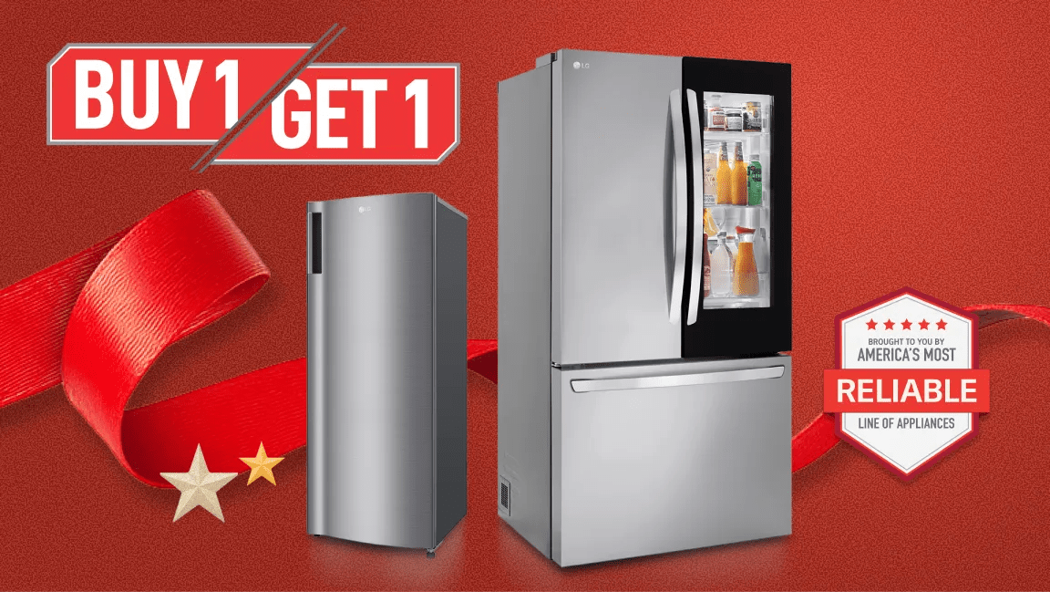 An LG French Door fridge, Single Door fridge, and Craft Ice cocktail appear on a gift box collage layout. “America’s Most Reliable Line of Home Appliances” badge.