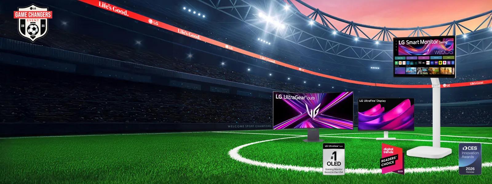 “Game Changers Event 2026” title badge. Various LG Monitors appear on a field within a soccer stadium. “#1 OLED Gaming Monitor Brand in the USA”, “Digital Trends Readers’ Choice 2025” and CES Innovation Awards 2026” badges.