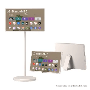 LG StanbyME 2 Max 32-inch portable smart screen shown in two viewing positions.