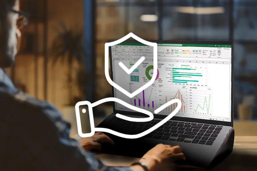 An office worker using an LG mobile cloud thin client, with a graphic of a hand holding a shield and a check mark over the scene.