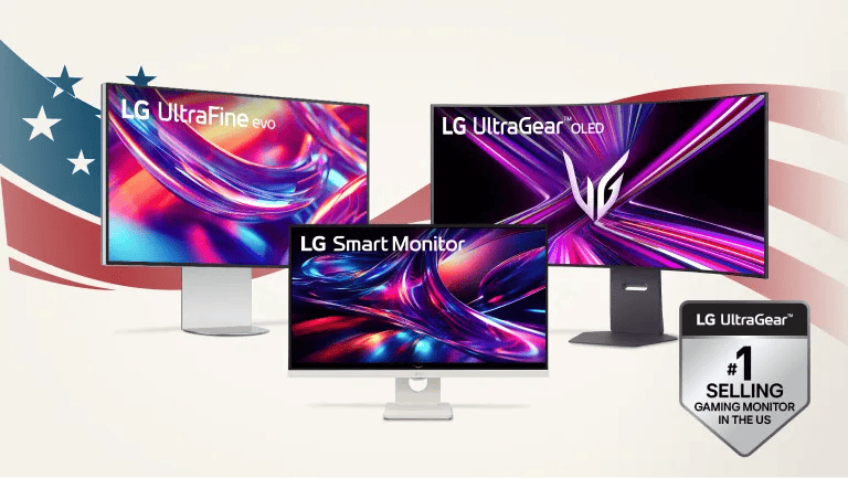 Labor Day promotion featuring LG UltraFine evo Monitor, LG Smart Monitor, and LG UltraGear OLED Monitor against a patriotic American flag backdrop, with LG UltraGear #1 Selling Gaming Monitor in the US badge.