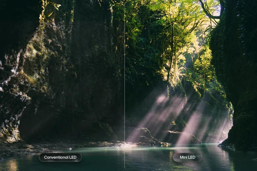 115QNED92BU LG QNED TV Mini LED technology comparison showing enhanced brightness and contrast in forest scene with sunbeams