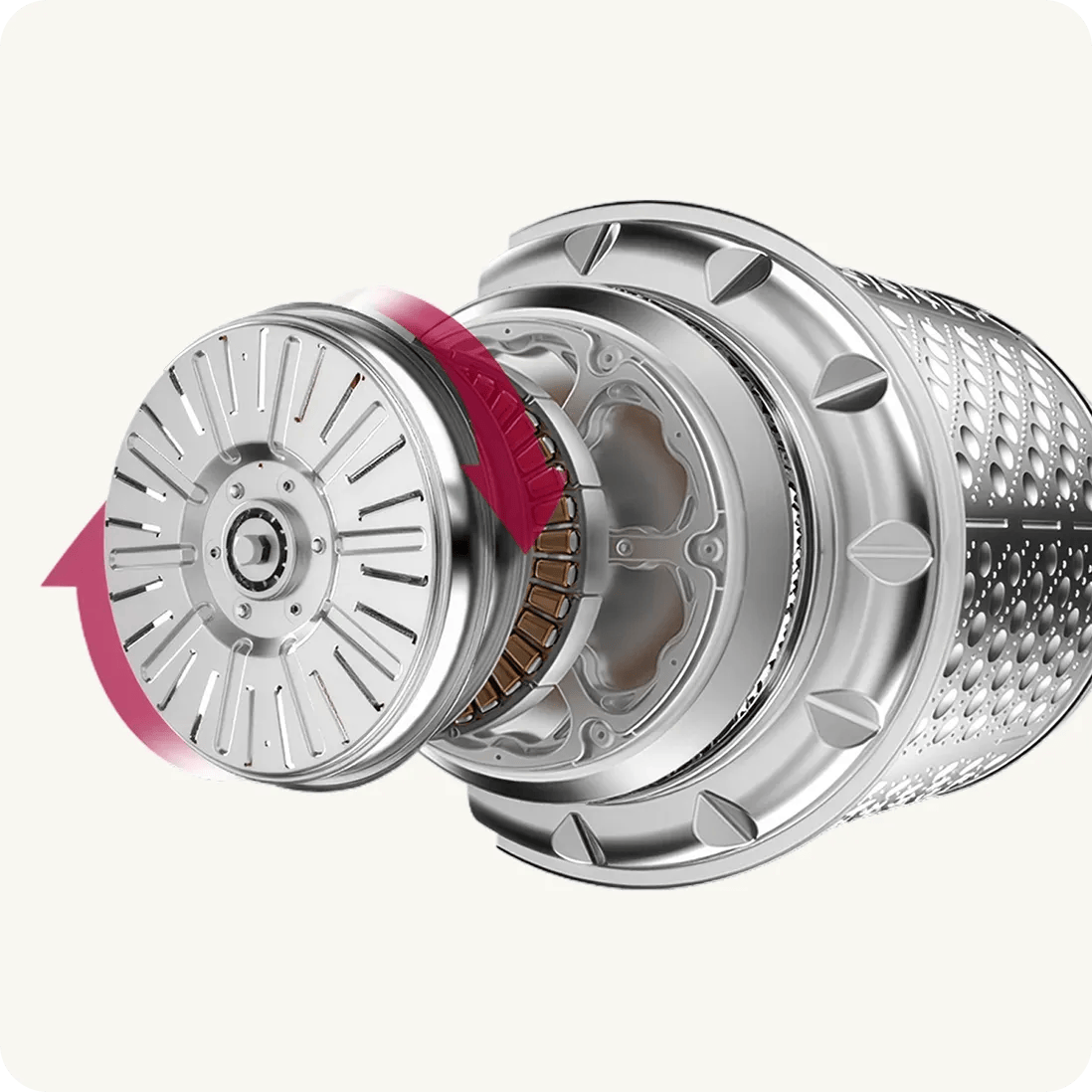 Exploded view of LG commercial washer drum and direct drive motor components with rotation indicator arrow.