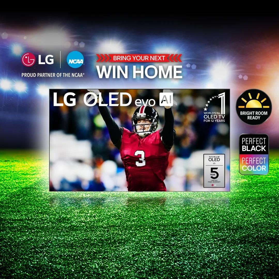 “Bring your next win home” title badge. An LG OLED TV on a football field backdrop. “Bright Room Ready” badge. A cheering player and “World’s No. 1 OLED TV for 12 years” text appear on TV infill.