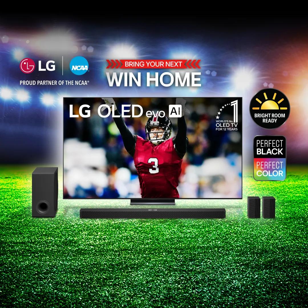 “Bring your next win home” title badge. An LG OLED TV on a football field backdrop. “Bright Room Ready” badge. A cheering player and “World’s No. 1 OLED TV for 12 years” text appear on TV infill.
