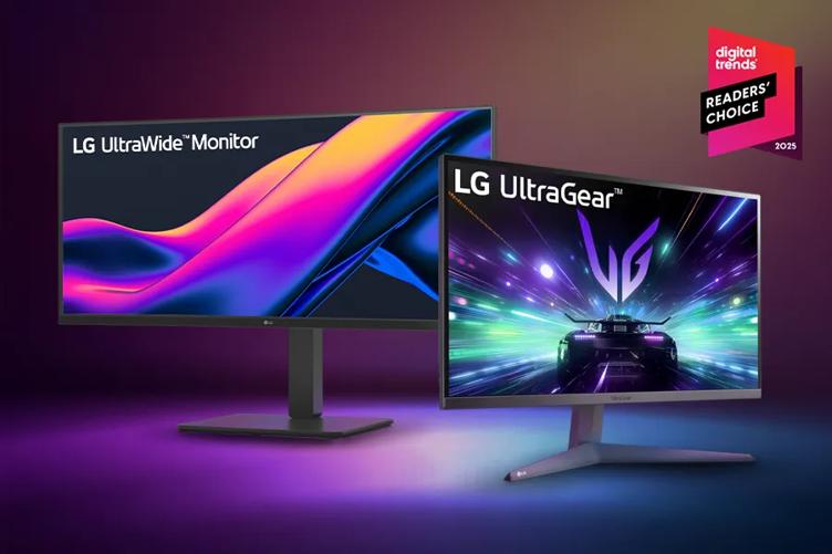 Dark background with a colorful spotlight on two LG monitors. The Digital Trends magazine awards logo is in the top right of the image.