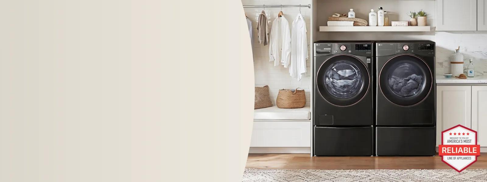 LG front load washer and dryer bundle in a laundry room setting with hanging clothes, open shelving, and a bench, featuring a brought to you by America's Most Reliable Line of Appliances badge